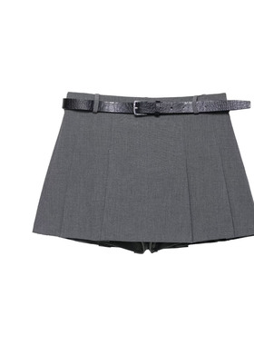 欧美风高腰百褶裙女学院风灰色腰带防走光半身裙个性减龄女式短裤