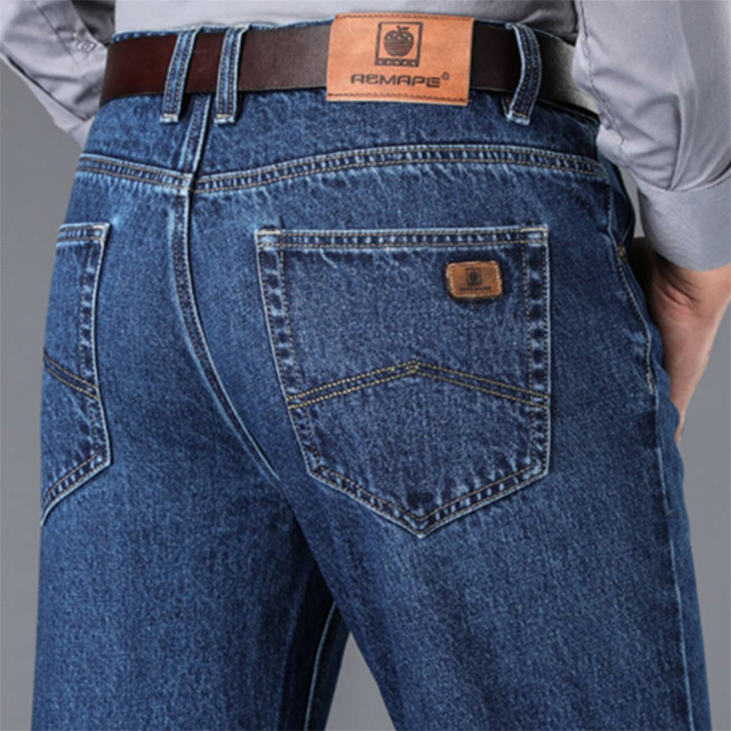 美国苹果纯棉牛仔裤男春秋新款宽松直筒高腰深档中老年爸爸长裤子