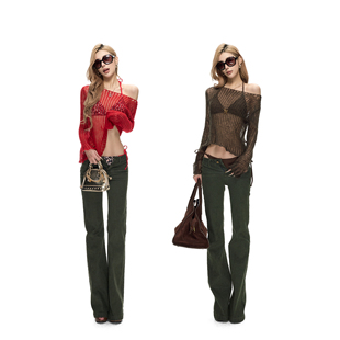 Fanptntox 双色马海毛辣妹性感镂空宽松透视罩衫女套头斜肩针织衫