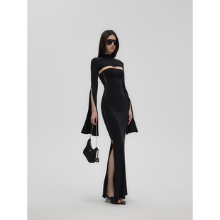 Fanptntox 修身黑色透视网纱拼接抹胸连衣裙弹力亲肤长袖针织坎肩