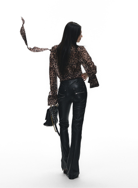 Fanptntox 黑色修身休闲直筒裤女设计感辣妹低腰弹力显瘦PU皮裤