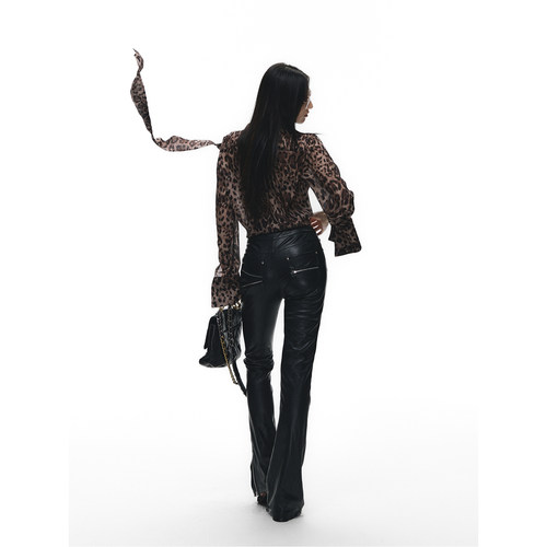 Fanptntox 黑色修身休闲直筒裤女设计感辣妹低腰弹力显瘦PU皮裤