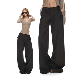 Fanptntox 老钱风亚麻灰宽松直筒长裤休闲低腰西装裤女阔腿拖地裤