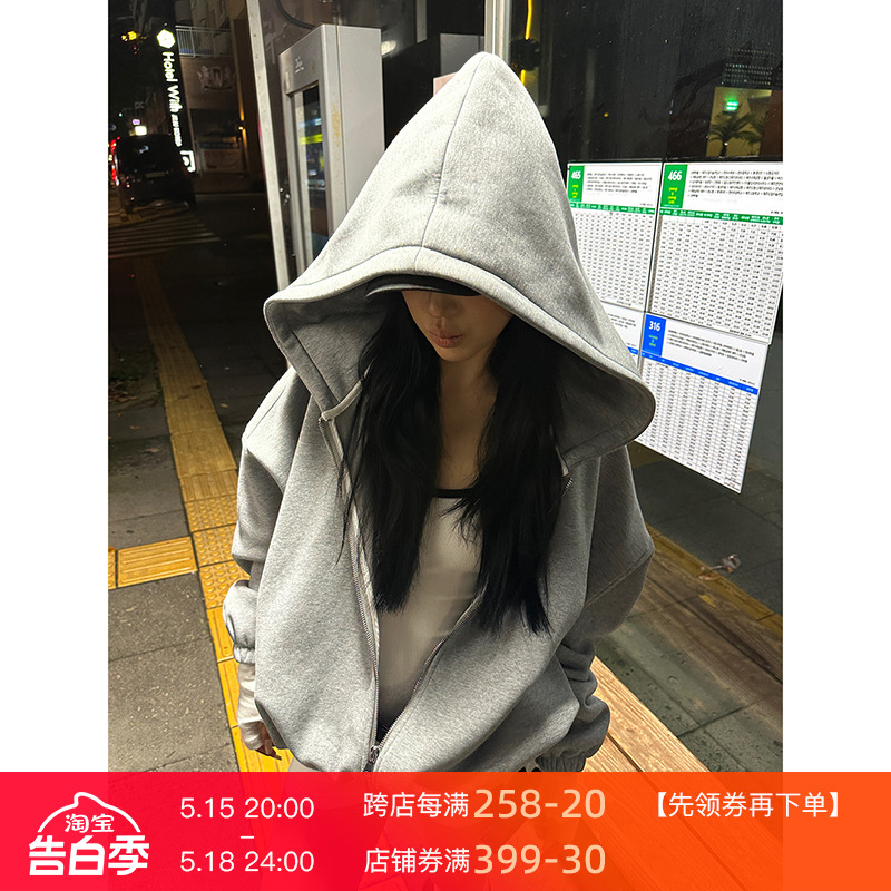 Fanptntox长袖chill感灰色宽松廓形连帽卫衣外套女春季新款百搭潮