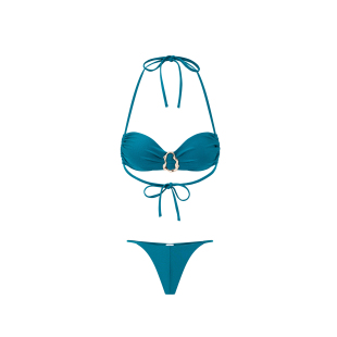 Fanptntox·孔雀蓝金属扣挂脖三角杯比基尼套装 辣妹泳衣系带内搭