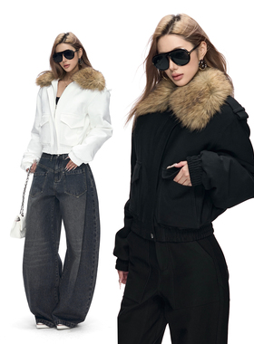 Fanptntox·可拆卸毛领夹棉工装棉服外套女短款保暖宽松夹克棉衣