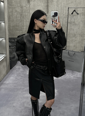 Fanptntox 半身裙女秋季新款前开叉皮裙子修身显瘦包臀裙时尚中裙