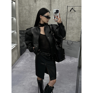 Fanptntox 半身裙女秋季新款前开叉皮裙子修身显瘦包臀裙时尚中裙