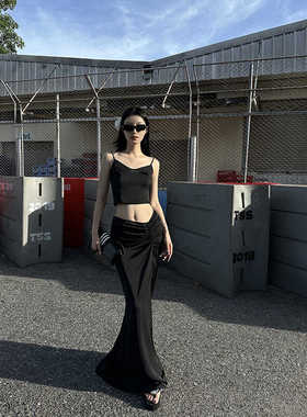 Fanptntox 辣妹半身裙女夏季新款修身显瘦鱼尾包臀裙长款黑色裙子