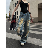 宽松直筒高腰百搭长裤 Fanptntox 新款 女夏季 子 做旧破洞阔腿牛仔裤