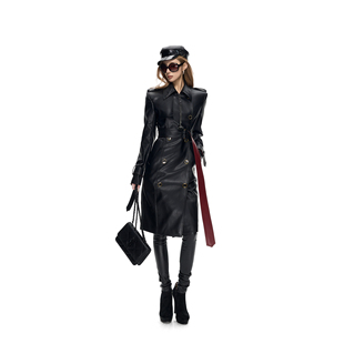 Fanptntox 军阀贵女 黑红拼接金扣高街系带收腰中长款皮风衣外套