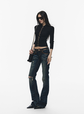 Fanptntox 黑色弹力修身长袖外穿上衣镂空绑带露腰坑条针织毛衣