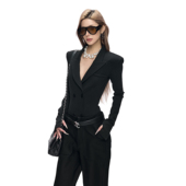 Fanptntox·黑色弹力修身 针织连体收腰双排扣西装 外套女毛领两穿