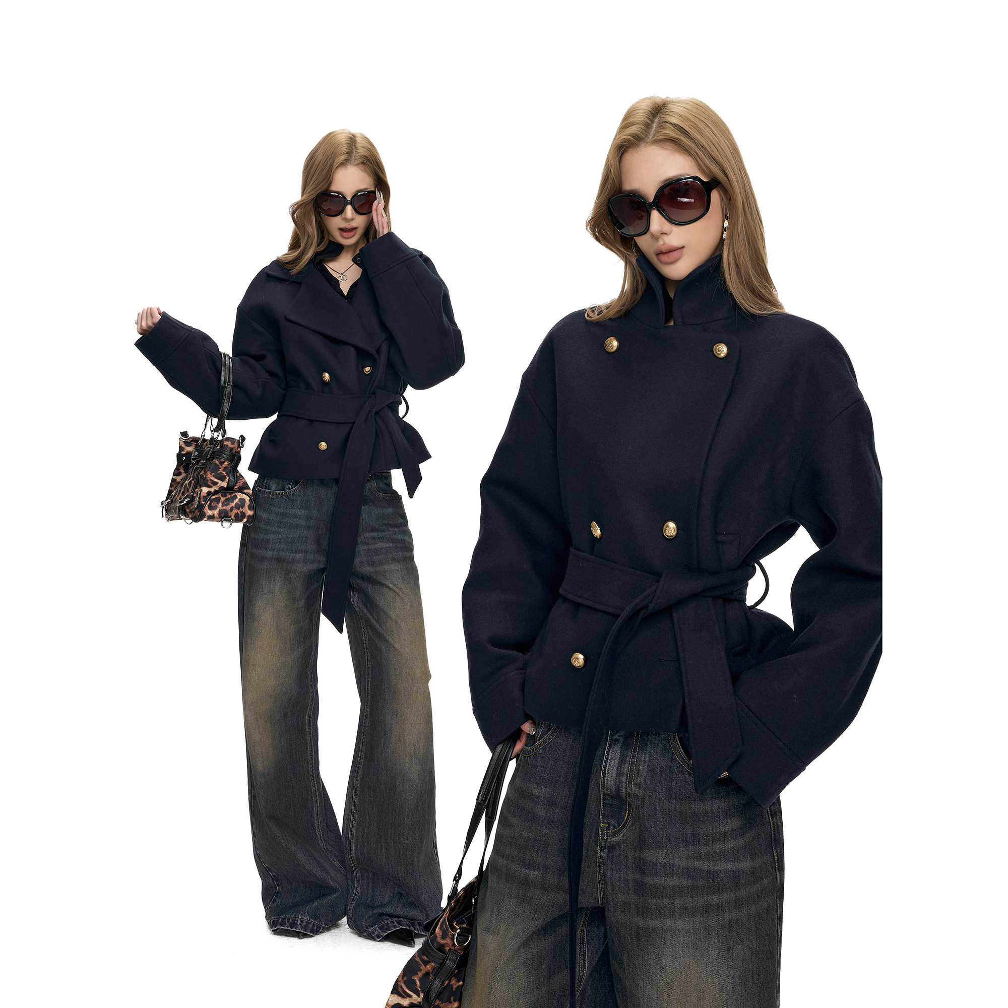 Fanptntox ·短款立领多造型系带双排扣羊毛混纺大衣外套,女装/女士精品,短外套,淘宝优惠券,粉丝福利购,淘宝优惠卷