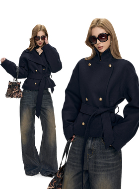 Fanptntox ·短款立领多造型系带双排扣羊毛混纺大衣外套