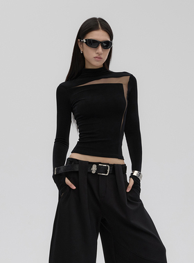 Fanptntox 秋装新款醋酸针织长袖打底衫修身网纱拼接透视T恤上衣