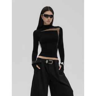 Fanptntox 秋装新款醋酸针织长袖打底衫修身网纱拼接透视T恤上衣