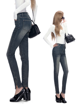 Fanptntox·复古水洗蓝色弹力包臀小脚裤简约修身裤脚开叉牛仔裤