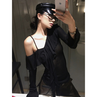 Fanptntox 上衣女秋季新款荷叶边斜领吊带上衣设计感显瘦黑色长袖