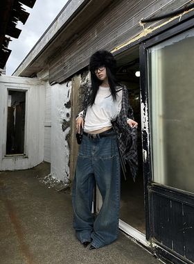 Fanptntox 蓝色阔腿牛仔裤女秋季新款宽松直筒裤低腰显瘦百搭长裤