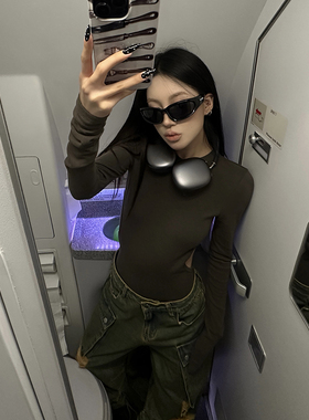 Fanptntox 上衣女秋季新款超百搭舒适棕绿色露背针织高级感连体衣