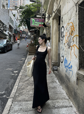 Fanptntox背心连衣裙女夏季新款黑色工字型U型领修身显瘦长款裙子