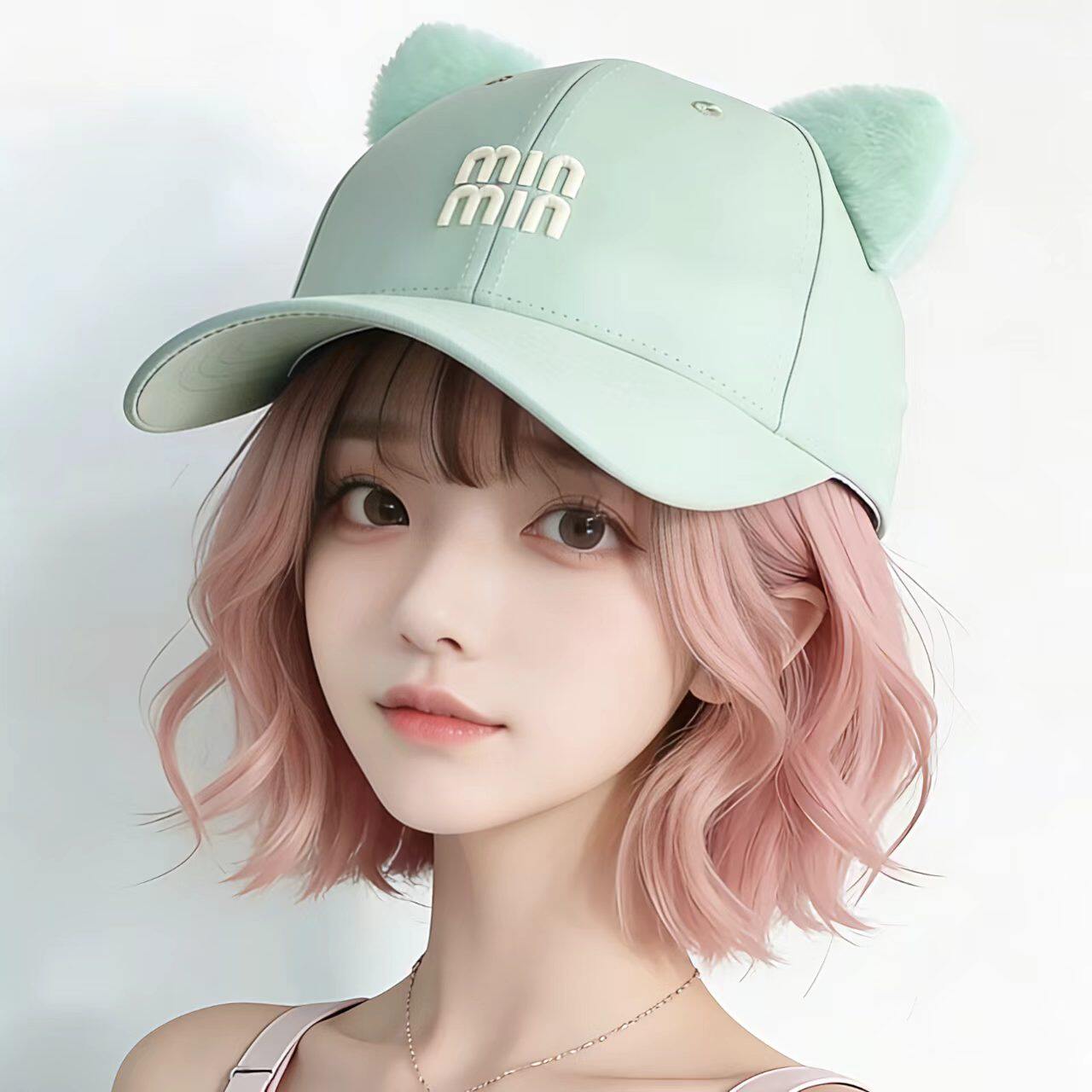 可爱薄荷绿色硬顶猫耳朵帽子女春夏棒球帽鸭舌帽显脸小防晒遮阳帽