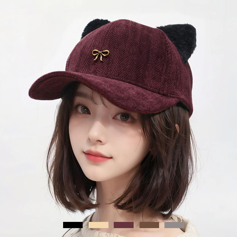 2025韩国时尚百搭可爱毛呢小熊耳朵棒球帽子女秋冬圆顶保暖鸭舌帽