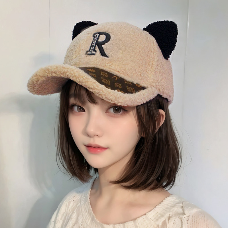 新款秋冬保暖可爱小熊耳朵帽子女毛毛绒帽女冬鸭舌帽女猫耳棒球帽