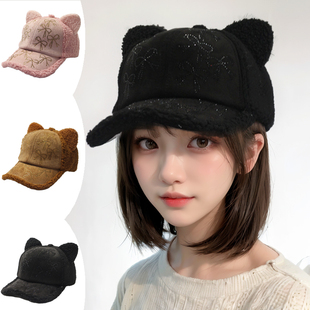 韩国2025新款羊羔绒可爱小熊鸭舌帽子女秋冬棒球帽鸭舌帽保暖加厚