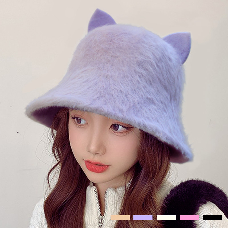 仿兔毛可爱猫耳渔夫帽盆帽秋冬天