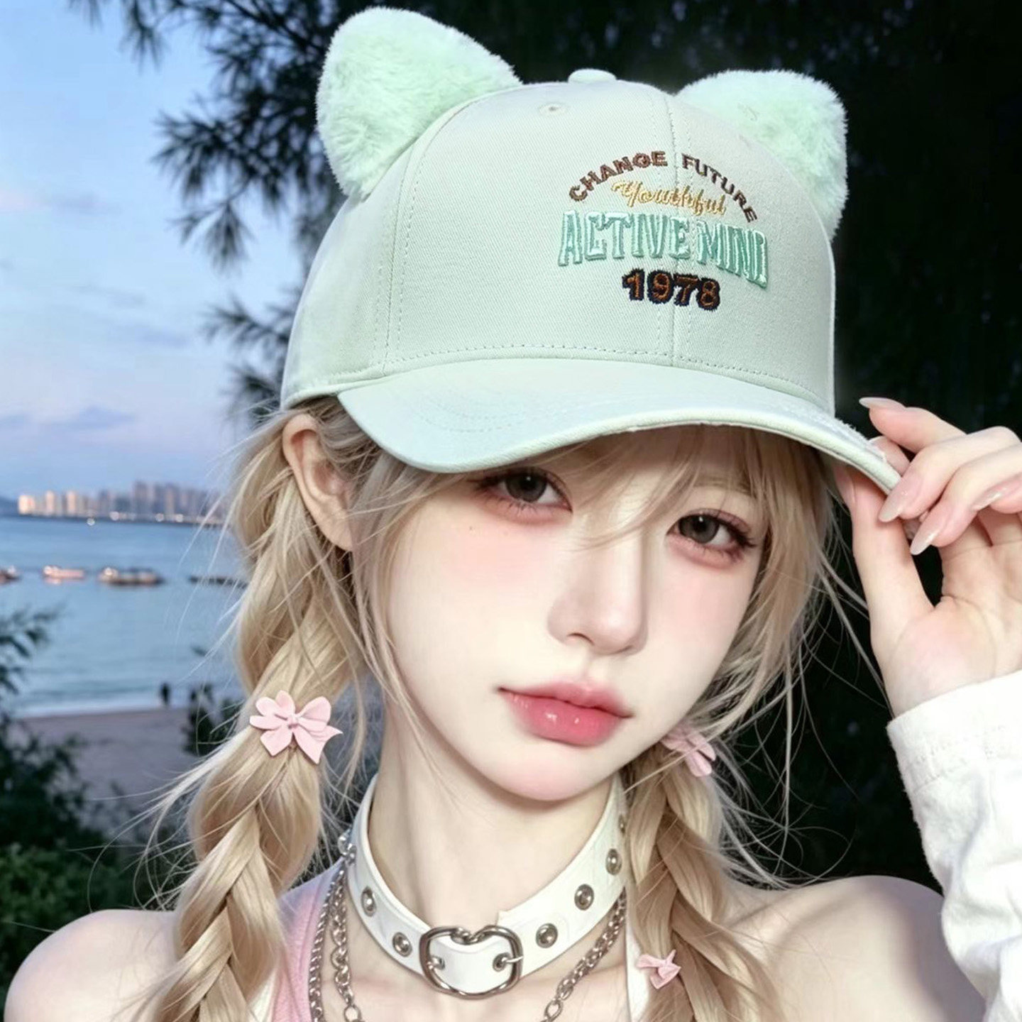 韩国可爱小众硬顶猫耳朵帽子女春秋棒球帽鸭舌帽显脸小防晒遮阳帽