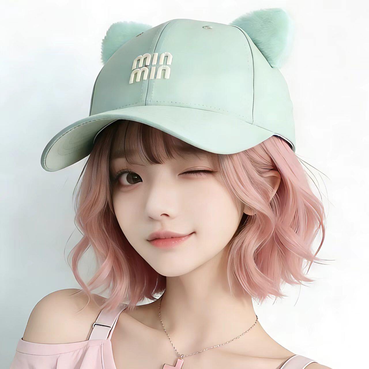 春夏可爱卡通薄荷绿猫耳朵帽子女春夏棒球帽鸭舌帽显脸小遮阳防晒
