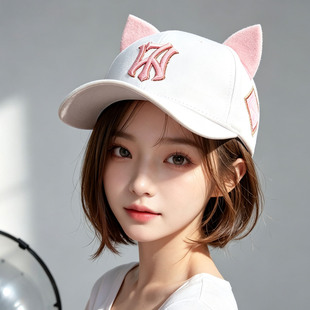 韩国刺绣猫耳朵可爱棒球帽子女春夏秋宽帽檐显脸小显白休闲鸭舌帽