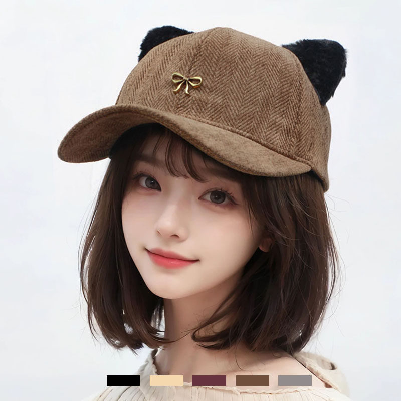 2025韩国秋冬小熊耳朵毛绒条绒棒球帽子女士冬百搭保暖猫耳鸭舌帽