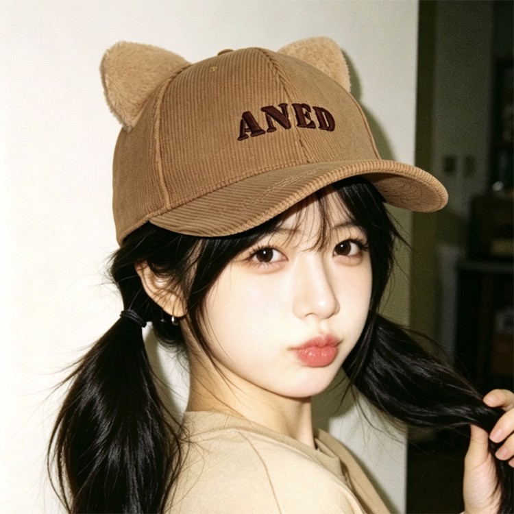 2026新款保暖甜美毛绒小熊棒球帽女猫耳棒球帽秋冬季猫耳朵帽子女