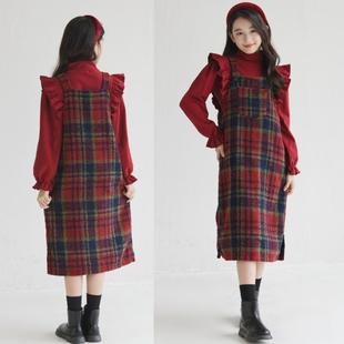 女童背带裙套装冬装中大童洋气复古格子裙新年装儿童连衣裙两件套