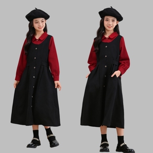 中大童连衣裙2025秋冬新款初中生加绒裙子母女装女童学院风衬衫裙