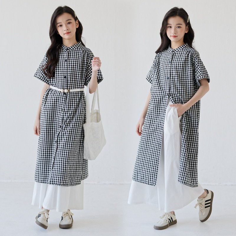 2026夏新款女童格子衬衫连衣裙短袖纯棉中大童叠穿罩裙洋气亲子装