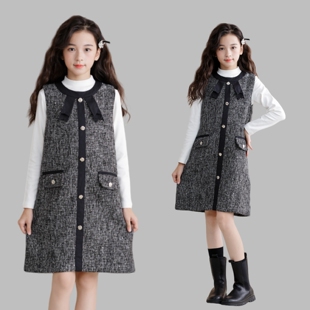 中大童加绒马甲连衣裙两件套装 洋气亲子装 女童小香风背心裙秋冬款