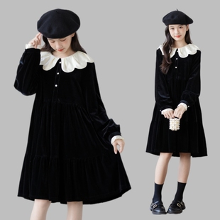女童连衣裙秋冬款加绒娃娃领公主裙洋气母女装中大童法式丝绒裙子