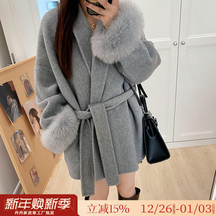 口皮草 高级感系带双面呢羊绒大衣狐狸毛袖 特价 毛呢外套女秋冬新款