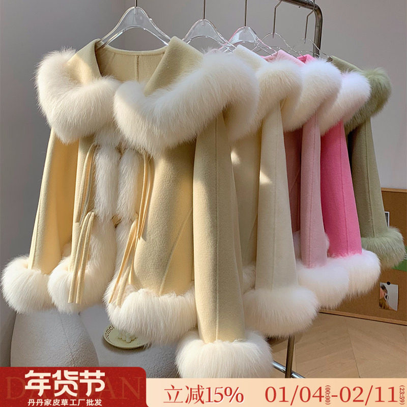 双面呢子羊毛大衣真狐狸毛领2025秋冬新款韩版短款皮草女毛呢外套,女装/女士精品,皮草,淘宝优惠券,粉丝福利购,淘宝优惠卷