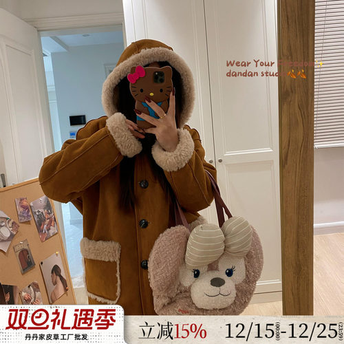 休闲连帽双面穿羊羔毛麂皮绒外套