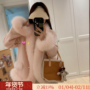 少女的心结！粉色双面呢羊绒大衣狐狸毛领甜美短款皮草女毛呢外套
