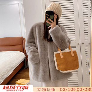 仿天鹅绒貂皮大衣皮毛一体 V领中长款水貂绒环保皮草女冬毛毛外套