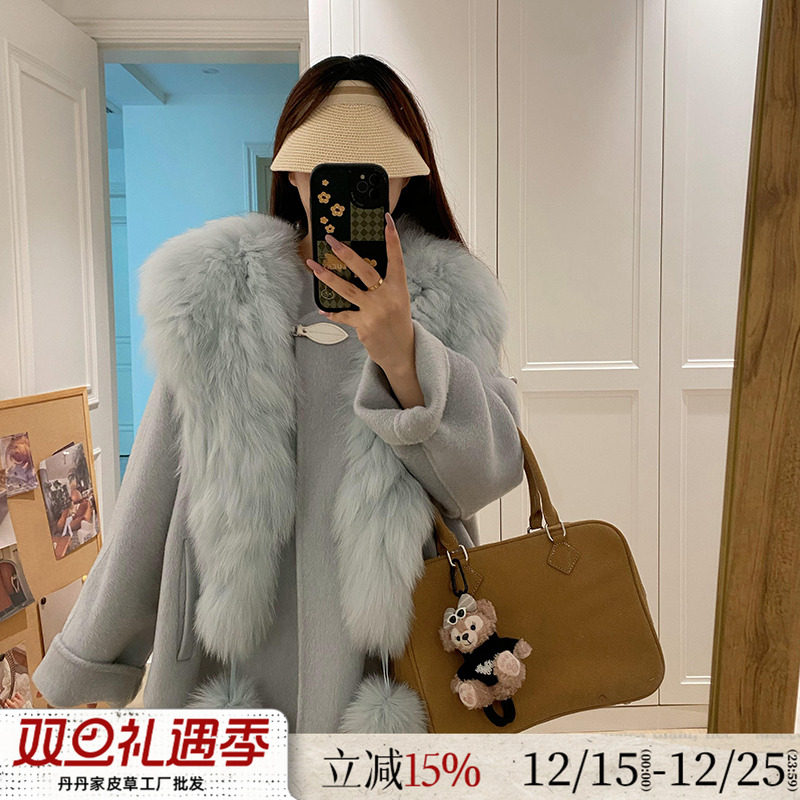 特价可拆卸狐狸毛领围脖全羊毛双面呢羊绒大衣秋冬新款毛呢外套女