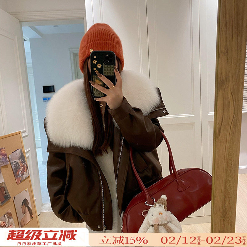 整皮狐狸毛海宁皮草外套女2025冬季新款鹅绒内胆麂皮绒夹克年轻款