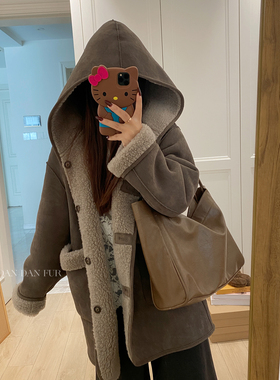 冬季保暖/麂皮绒连帽双面穿100羊羔毛皮毛一体2025新款皮草外套女