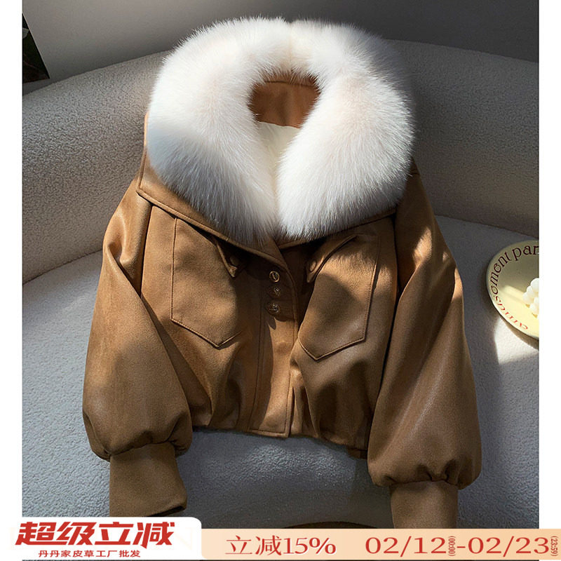 狐狸毛领皮草外套女2025冬季新款蝙蝠袖鹅绒内胆麂皮绒夹克年轻款